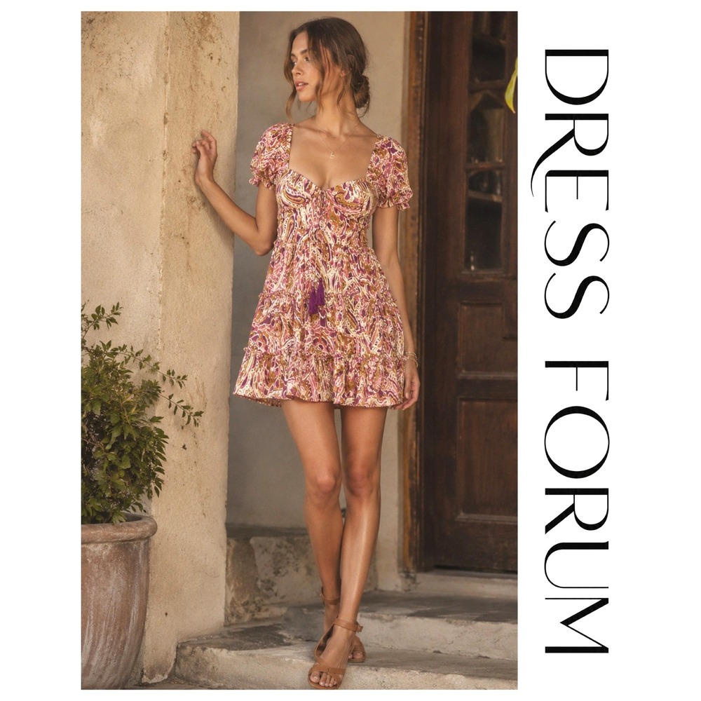 Dress Forum Arora Paisley Tiered Puff Sleeve Milkmaid Boho Mini Dress L NWT